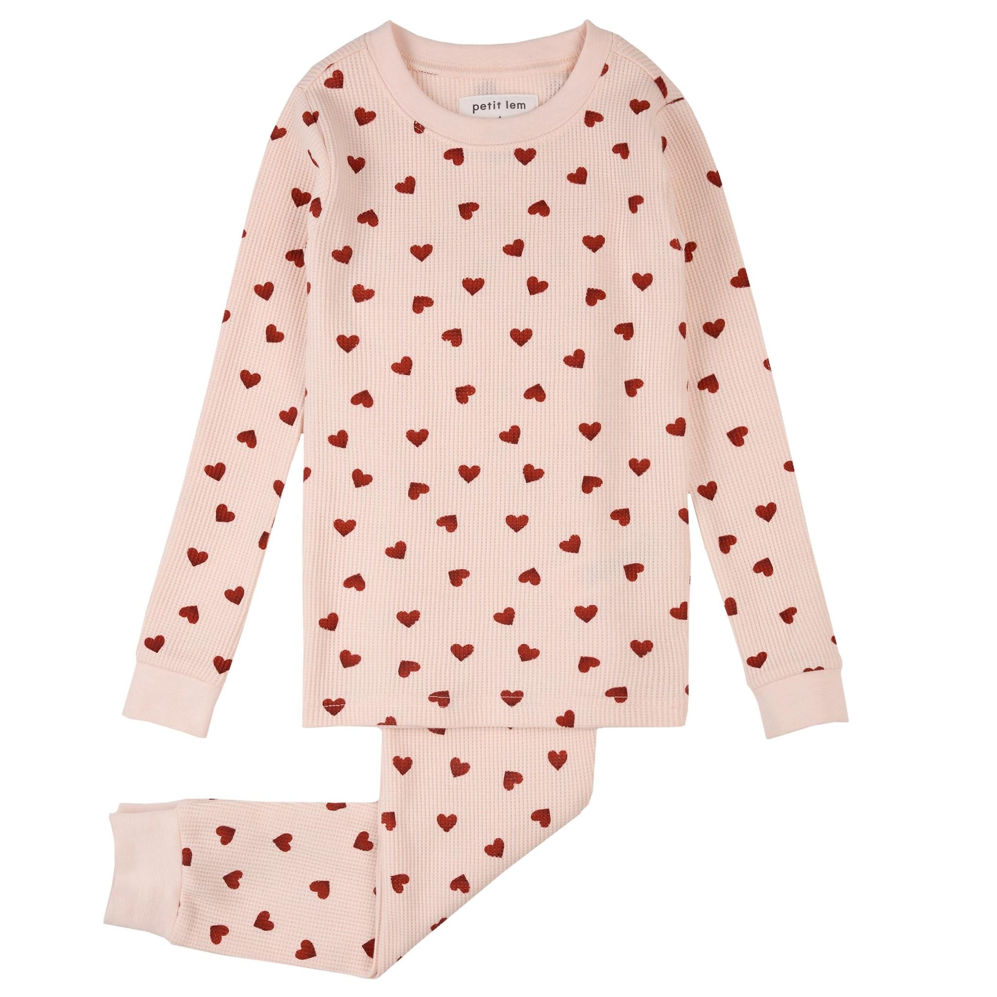 Petit Lem Pink Hearts Peony Waffle PJ Set
