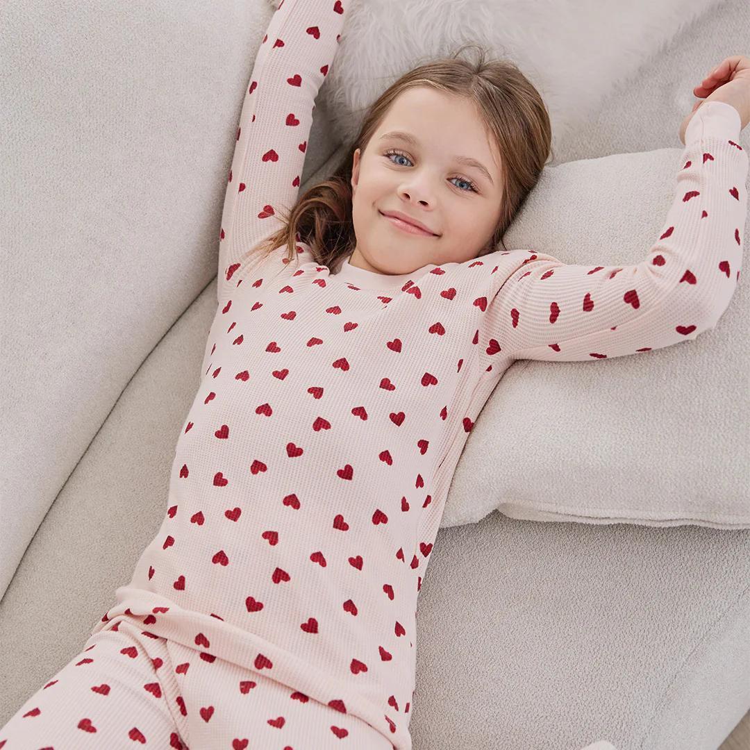 Petit Lem Pink Hearts Peony Waffle PJ Set