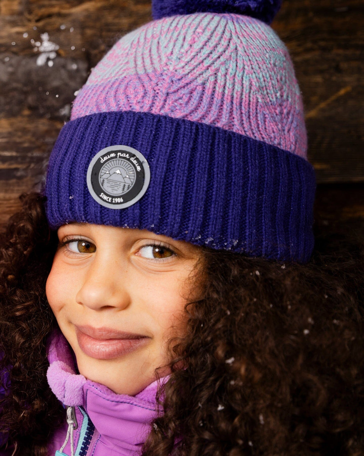 Lined Knit Pompom Hat Purple And Pink