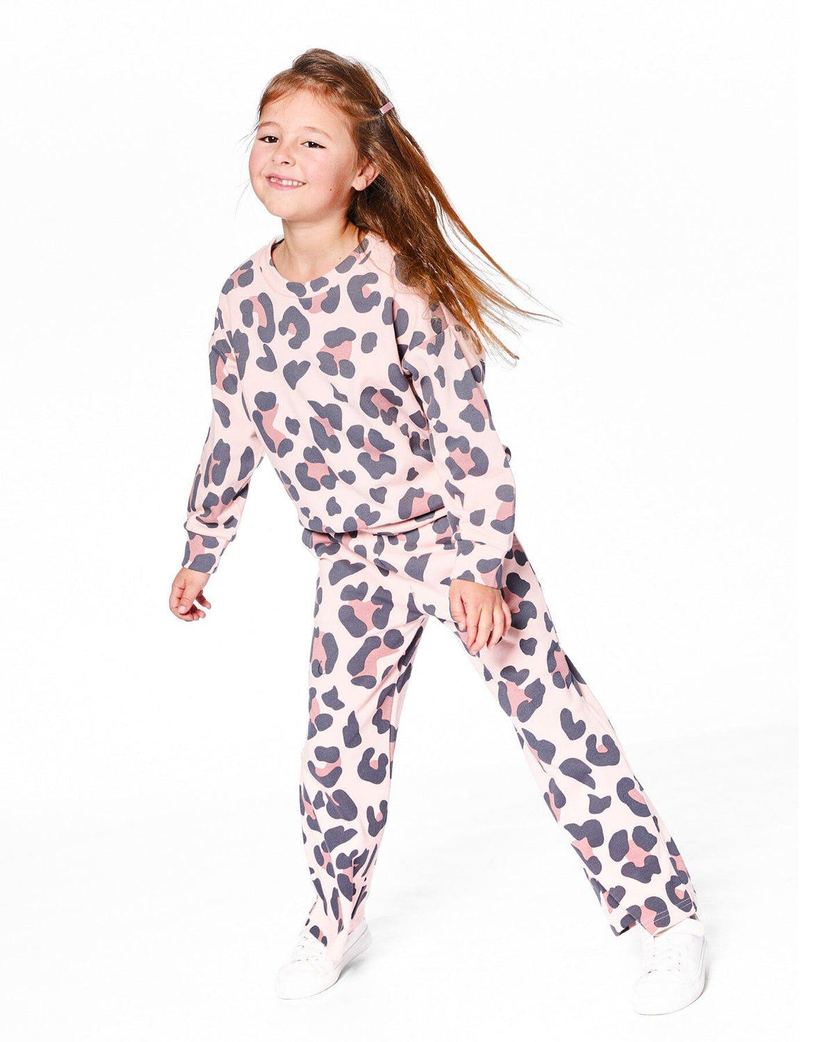 French Terry Wide Leg Sweatpants Pink Leopard