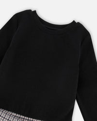 Bi-Material Dress Black And Houndstooth