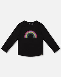 Organic Cotton Long Sleeve T-Shirt Black With Sequin Rainbow