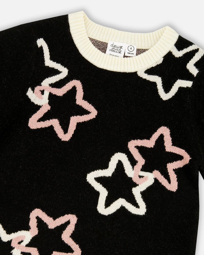 Long Sleeve Knit Dress Black With Stars