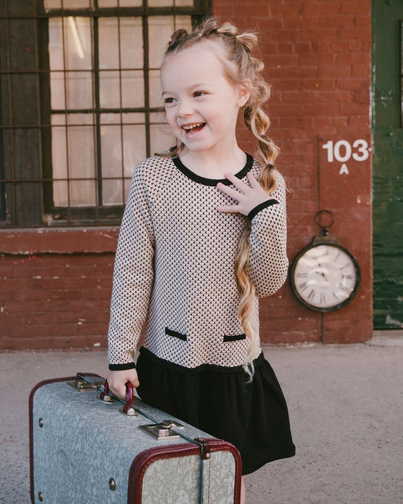 Long Sleeve Knit Sweater Dress Black And Beige