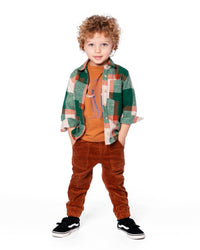 Long Sleeve Yarn Dyed Plaid Shirt Green And Orange