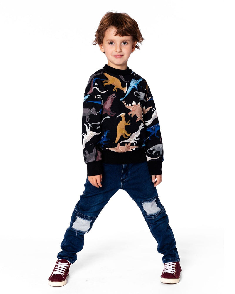 Pullover Fleece Sweatshirt Black Dinosaur Print