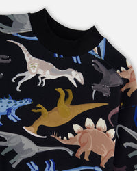 Pullover Fleece Sweatshirt Black Dinosaur Print