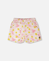 French Terry Shorts Pink Printed Daisies