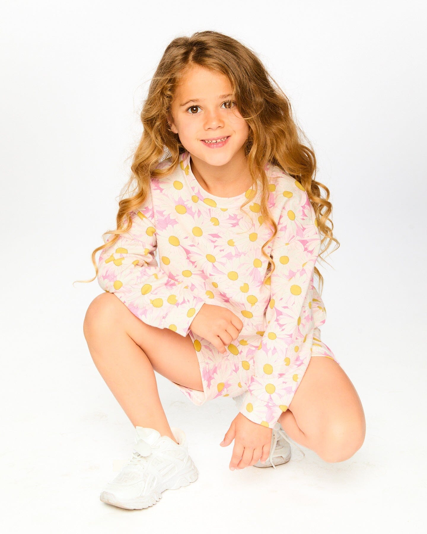 French Terry Sweatshirt Pink Printed Daisies