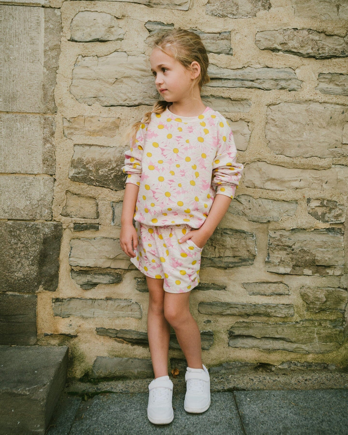 French Terry Sweatshirt Pink Printed Daisies