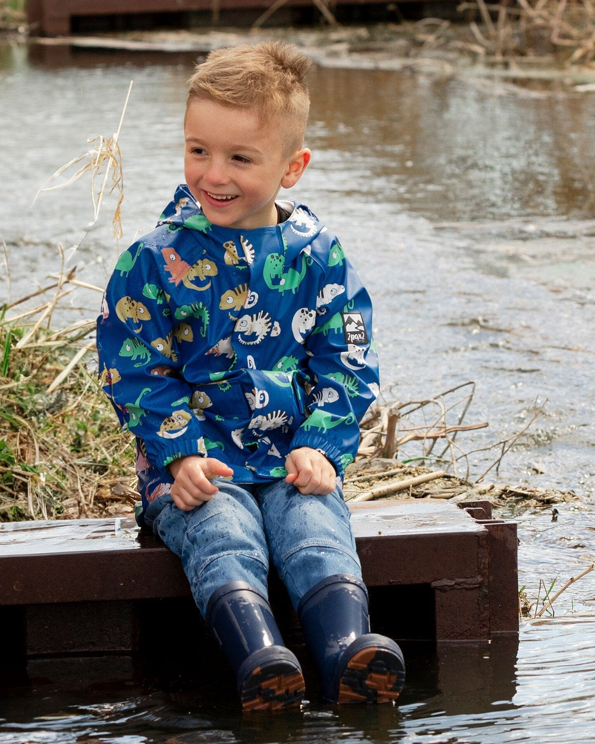 Blue raincoat with color-changing chameleon