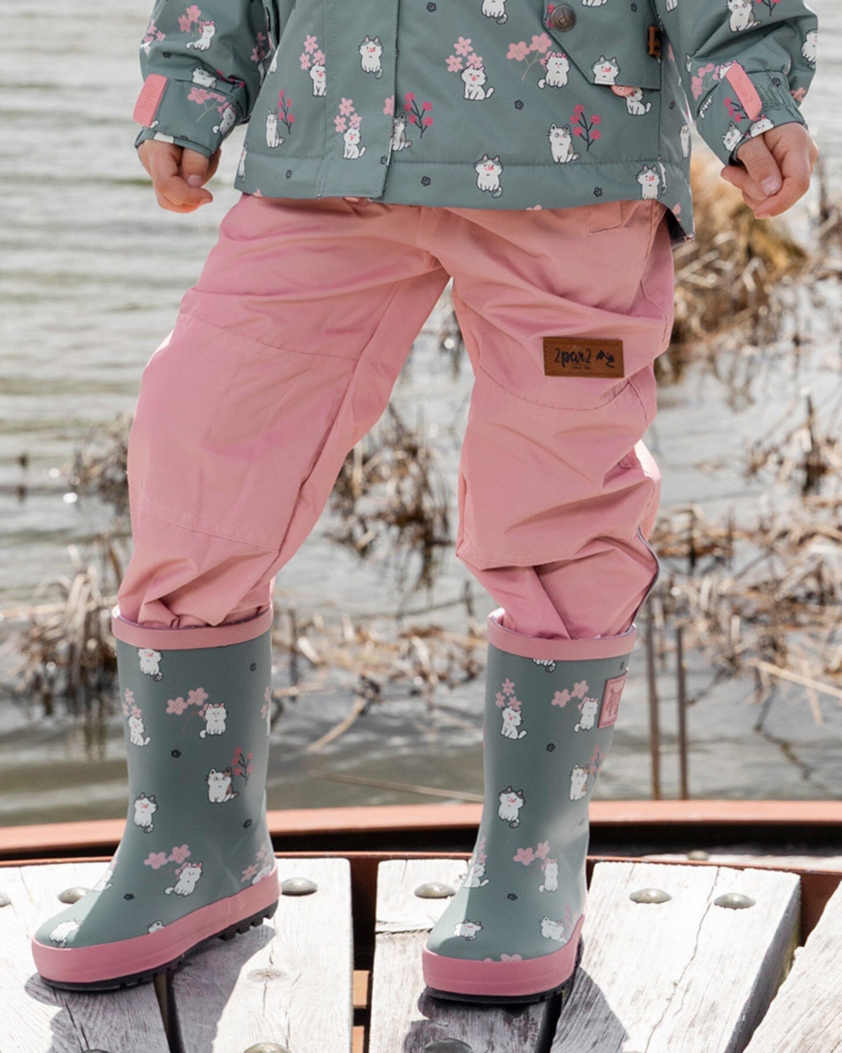 Rain Boots In Natural Rubber Green Cat Print