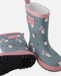 Rain Boots In Natural Rubber Green Cat Print