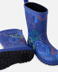 Rain Boots In Natural Rubber Blue Smiley Print