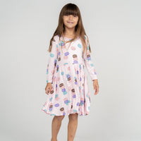 Silkberry Bamboo Jersey Long Sleeve Twirl Dress w/ Bloomer (Macaron Party Print)