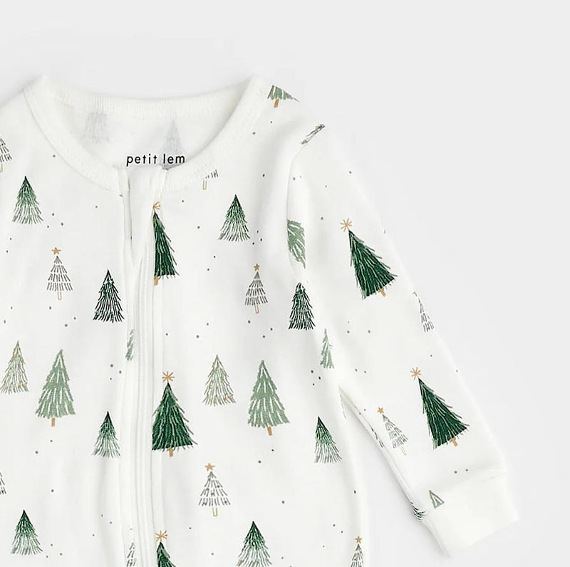 Petit Lem Christmas Tree Print Footed Onesie