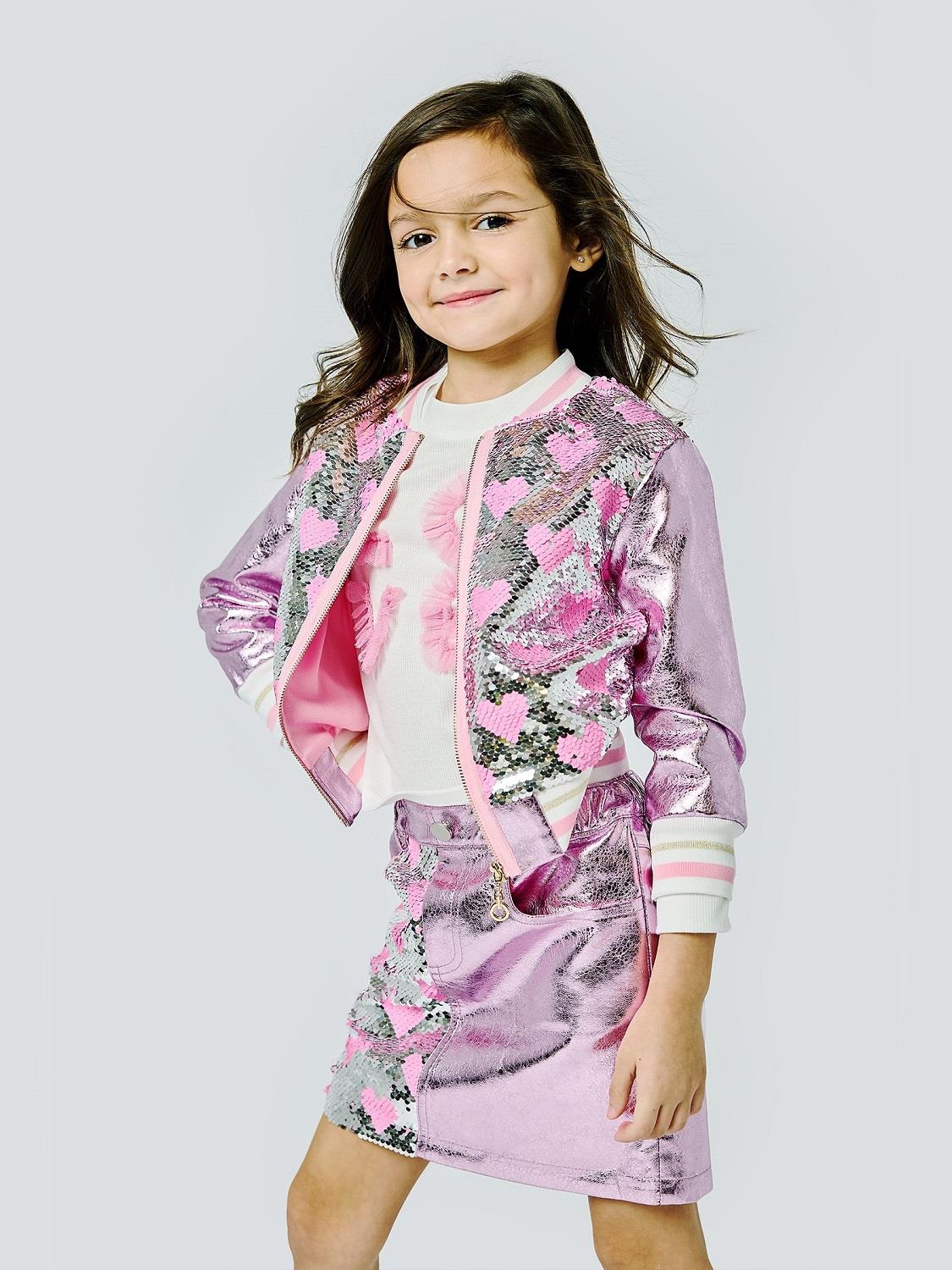 Baby Sara Heart Sequin Bomber with Faux Leather Contrast