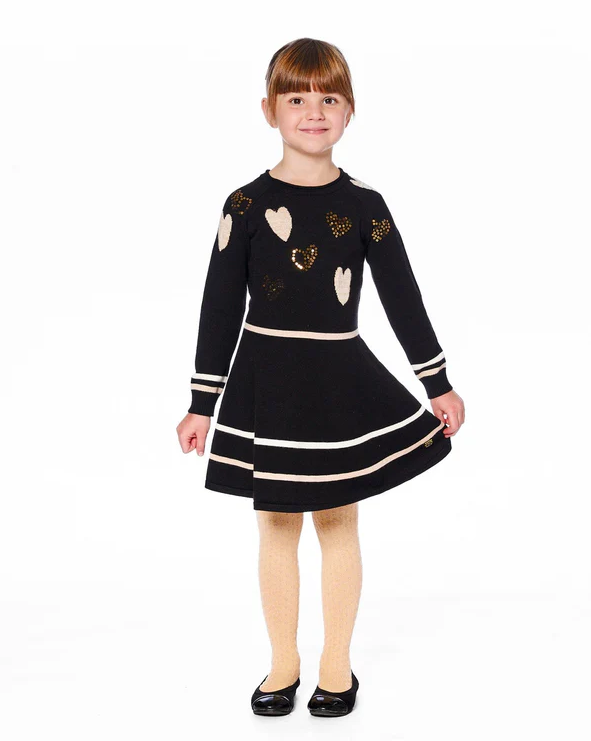 Deux Par Deux Knit Dress Black with Glittery Hearts