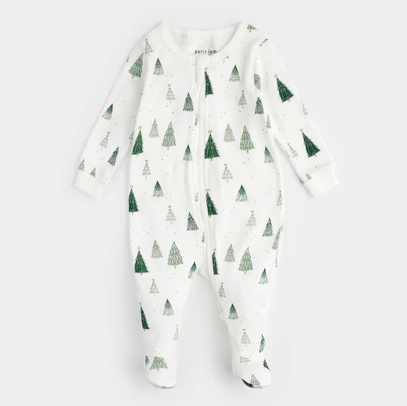 Petit Lem Christmas Tree Print Footed Onesie